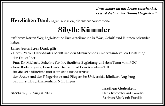Traueranzeige von Sibylle Kümmler von Rieser Nachrichten
