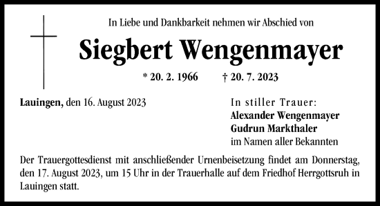Traueranzeige von Siegbert Wengenmayer von Donau Zeitung