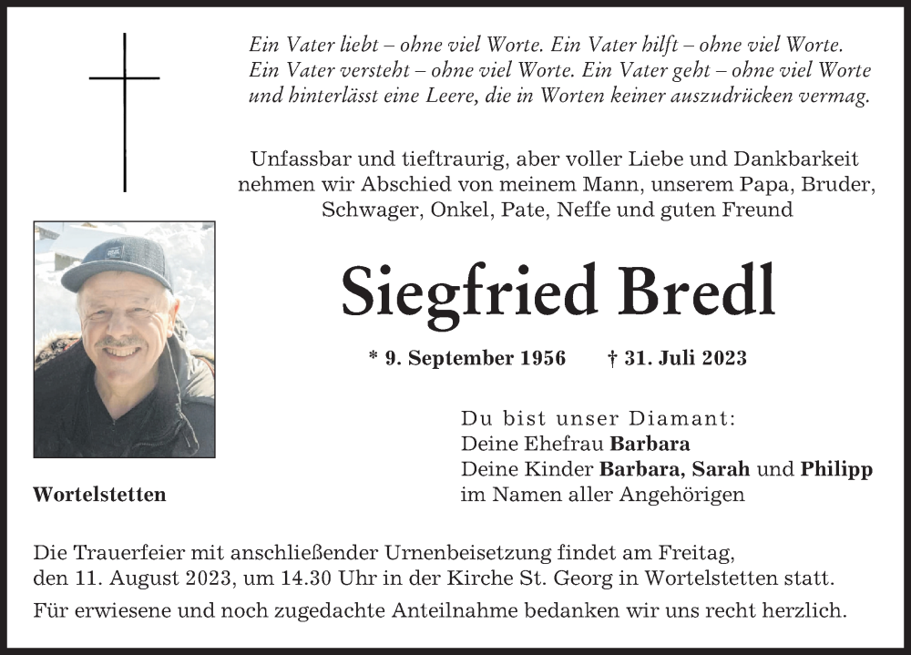  Traueranzeige für Siegfried Bredl vom 08.08.2023 aus Wertinger Zeitung, Augsburg-Land