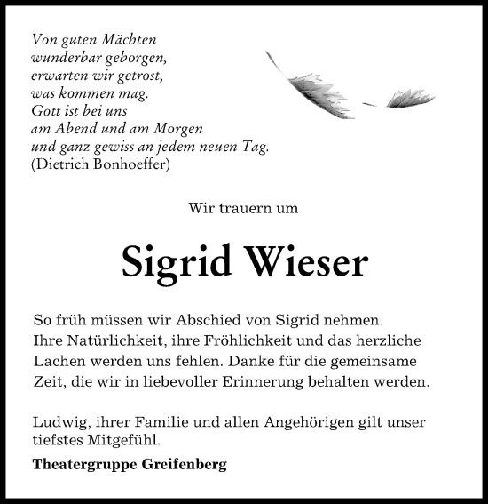 Traueranzeige von Sigrid Wieser von Landsberger Tagblatt