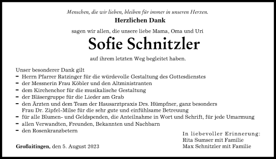 Traueranzeige von Sofie Schnitzler von Schwabmünchner Allgemeine