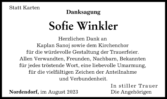 Traueranzeige von Sofie Winkler von Augsburg-Land