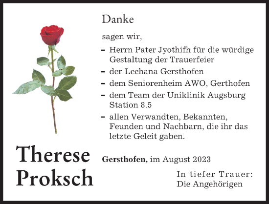 Traueranzeige von Therese Proksch von Augsburger Allgemeine