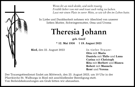 Traueranzeige von Theresia Johann von Friedberger Allgemeine