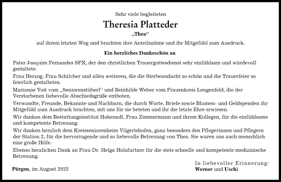 Traueranzeige von Theresia Platteder von Landsberger Tagblatt