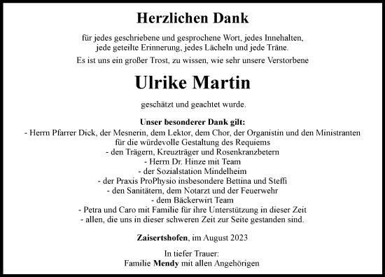 Traueranzeige von Ulrike Martin von Mindelheimer Zeitung