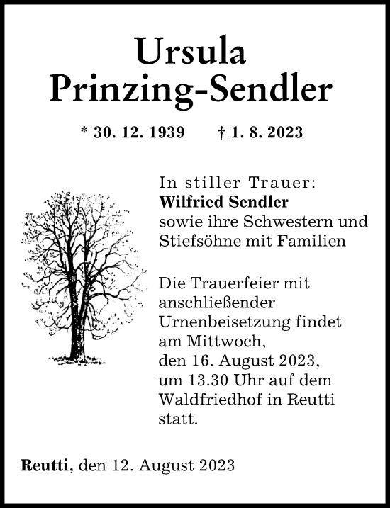 Traueranzeige von Ursula Prinzing-Sendler von Augsburger Allgemeine, Neu-Ulmer Zeitung