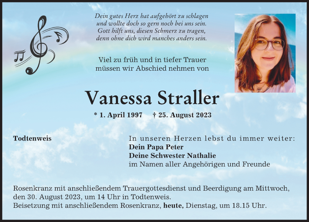  Traueranzeige für Vanessa Straller vom 29.08.2023 aus Aichacher Nachrichten