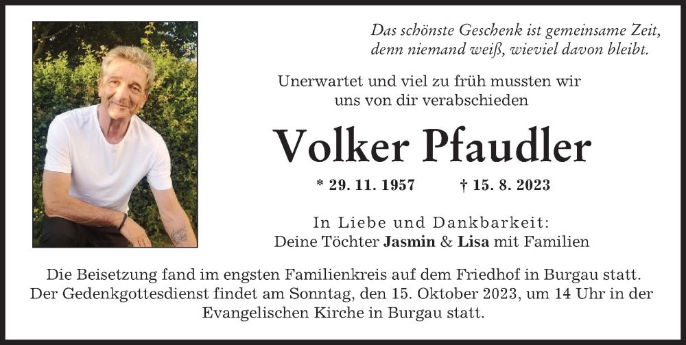  Traueranzeige für Volker Pfaudler vom 30.08.2023 aus Günzburger Zeitung