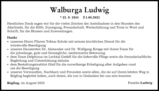Traueranzeige von Walburga Ludwig von Donauwörther Zeitung