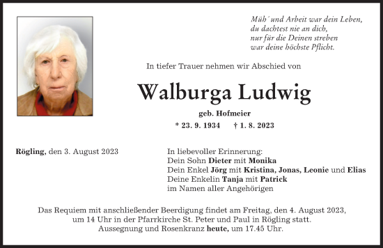 Traueranzeige von Walburga Ludwig von Donauwörther Zeitung