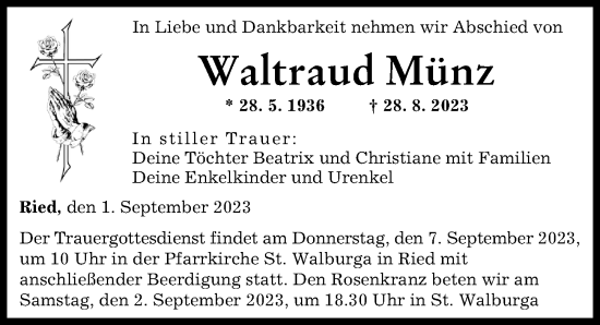 Traueranzeige von Waltraud Münz von Friedberger Allgemeine