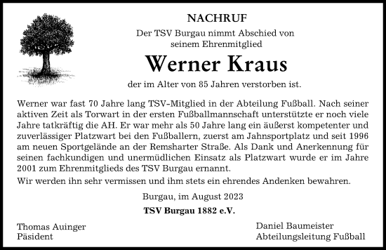 Traueranzeige von Werner Kraus von Günzburger Zeitung