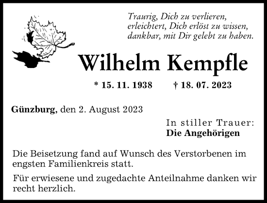 Traueranzeige von Wilhelm Kempfle von Günzburger Zeitung