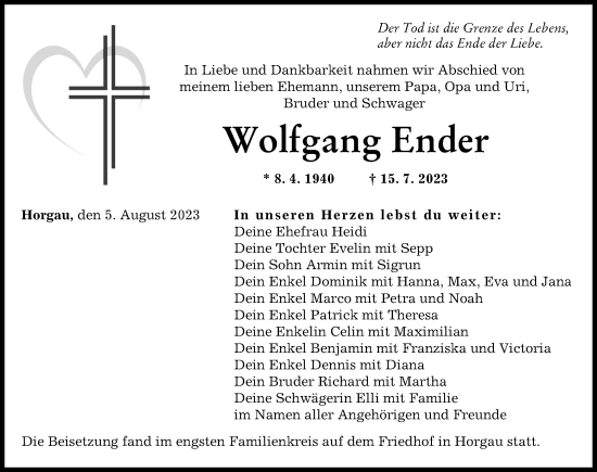 Traueranzeige von Wolfgang Ender von Augsburger Allgemeine