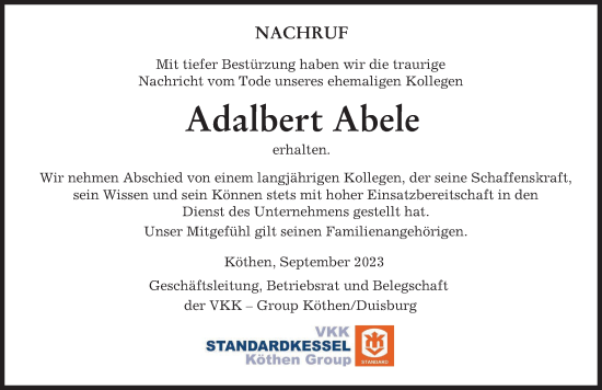 Traueranzeige von Adalbert Abele von Augsburg-Land