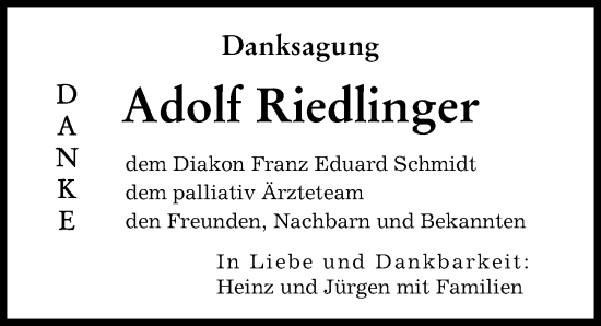 Traueranzeige von Adolf Riedlinger von Augsburger Allgemeine