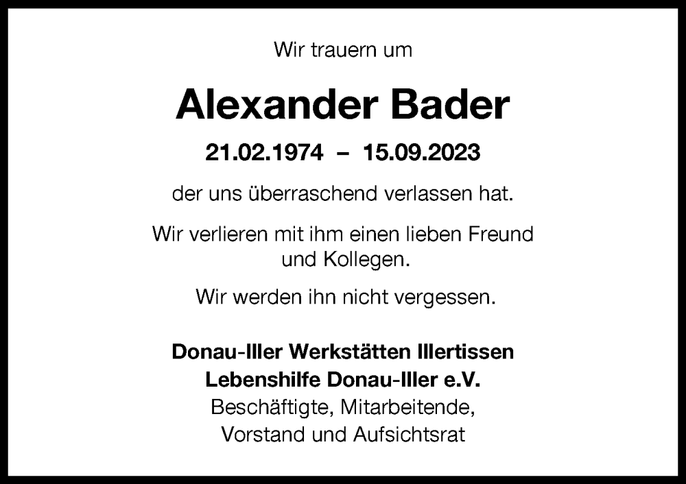  Traueranzeige für Alexander Bader vom 26.09.2023 aus Illertisser Zeitung