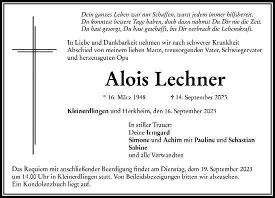 Traueranzeige von Alois Lechner von Rieser Nachrichten