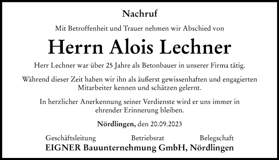 Traueranzeige von Alois Lechner von Rieser Nachrichten