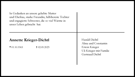 Traueranzeige von Annette Krieger-Dichtl von Günzburger Zeitung