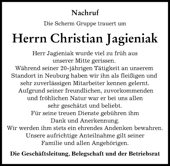 Traueranzeige von Christian Jagieniak von Neuburger Rundschau