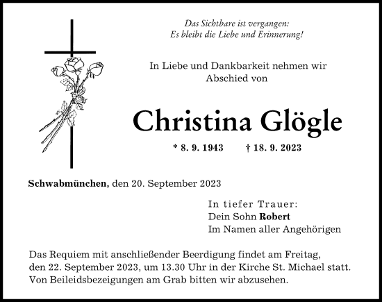 Traueranzeige von Christina Glögle von Schwabmünchner Allgemeine