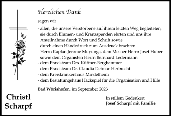 Traueranzeige von Christl Scharpf von Mindelheimer Zeitung