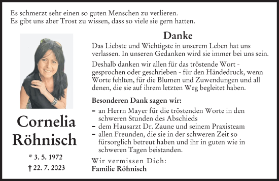 Traueranzeige von Cornelia Röhnisch von Donau Zeitung