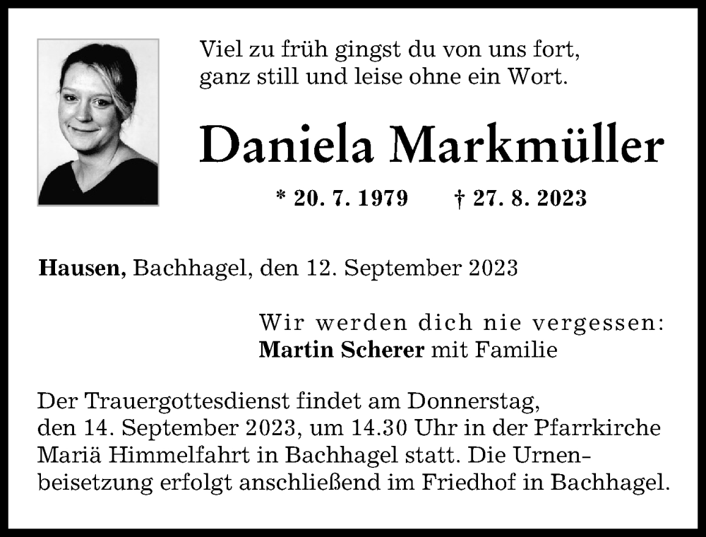  Traueranzeige für Daniela Markmüller vom 12.09.2023 aus Donau Zeitung