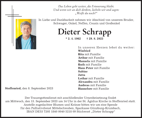 Traueranzeige von Dieter Schrapp von Mittelschwäbische Nachrichten