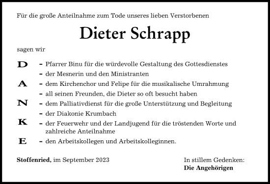 Traueranzeige von Dieter Schrapp von Mittelschwäbische Nachrichten