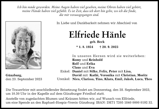 Traueranzeige von Elfriede Hänle von Günzburger Zeitung