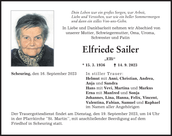 Traueranzeige von Elfriede Sailer von Landsberger Tagblatt