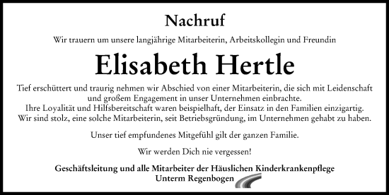 Traueranzeige von Elisabeth Hertle von Rieser Nachrichten