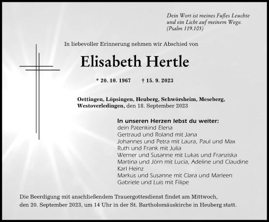 Traueranzeige von Elisabeth Hertle von Rieser Nachrichten