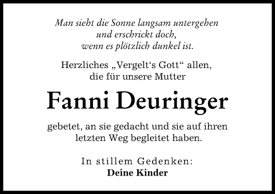 Traueranzeige von Fanni Deuringer von Schwabmünchner Allgemeine