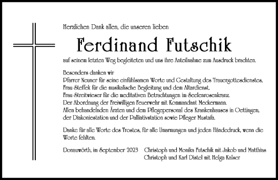 Traueranzeige von Ferdinand Futschik von Donauwörther Zeitung
