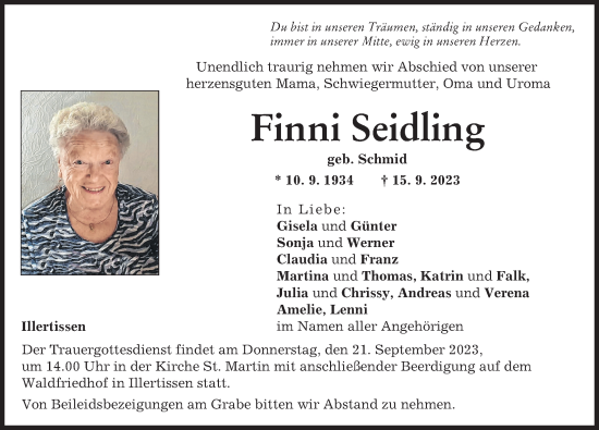 Traueranzeige von Finni Seidling von Illertisser Zeitung