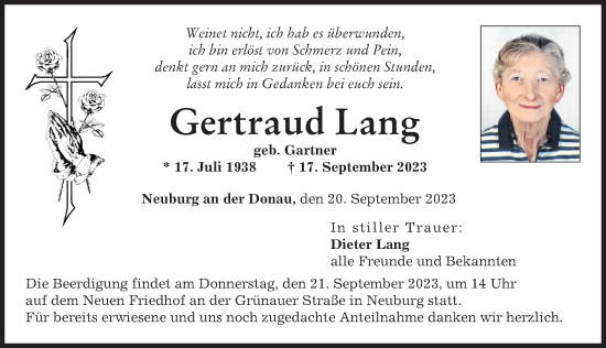 Traueranzeige von Gertraud Lang von Neuburger Rundschau