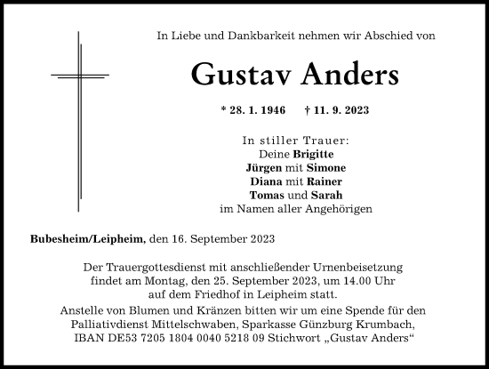 Traueranzeige von Gustav Anders von Günzburger Zeitung