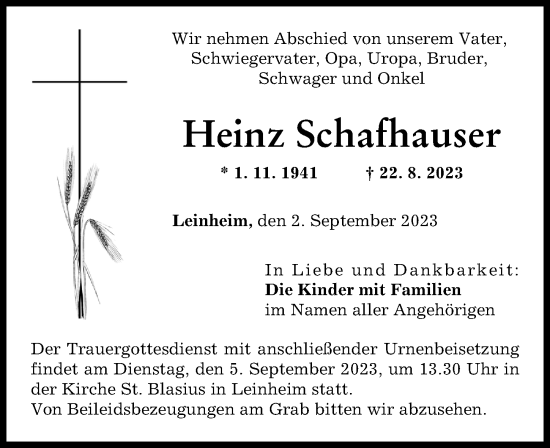 Traueranzeige von Heinz Schafhauser von Günzburger Zeitung