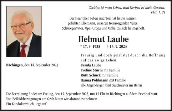 Traueranzeige von Helmut Laube von Donau Zeitung