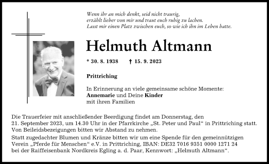 Traueranzeige von Helmuth Altmann von Landsberger Tagblatt