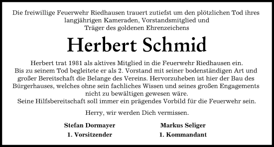 Traueranzeige von Herbert Schmid von Günzburger Zeitung