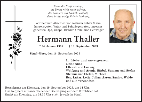 Traueranzeige von Hermann Thaller von Neuburger Rundschau