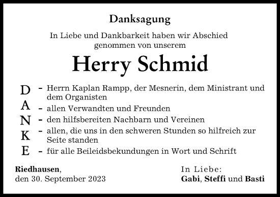 Traueranzeige von Herry Schmid von Günzburger Zeitung
