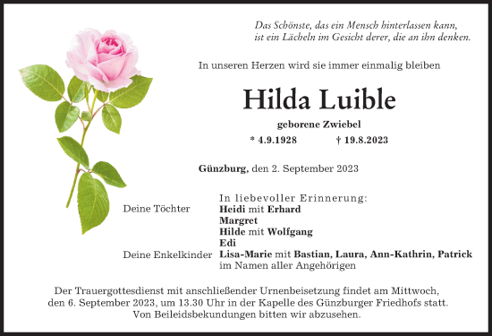 Traueranzeige von Hilda Luible von Günzburger Zeitung