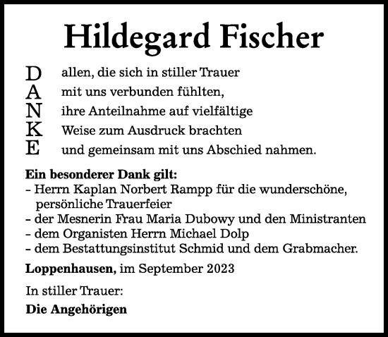 Traueranzeige von Hildegard Fischer von Mittelschwäbische Nachrichten