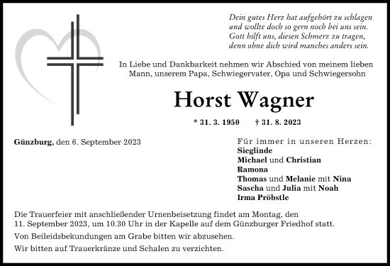 Traueranzeige von Horst Wagner von Günzburger Zeitung